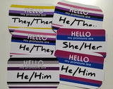 Badge pins with customizable Pronouns and Flags